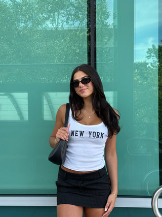 NEW YORK EMBROIDERED CROPPED KNIT TANK TOP